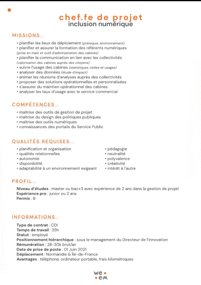 🗣 offre d’emploi 

Participer à la mise en œuvre de nos outils d’inclusion, accompagner les territoires 👊

Envoyez-nous vos candidatures à gestion@weem.fr ! 😉
 
#recrutement #chefdeprojet #RT #numérique #inclusionnumérique