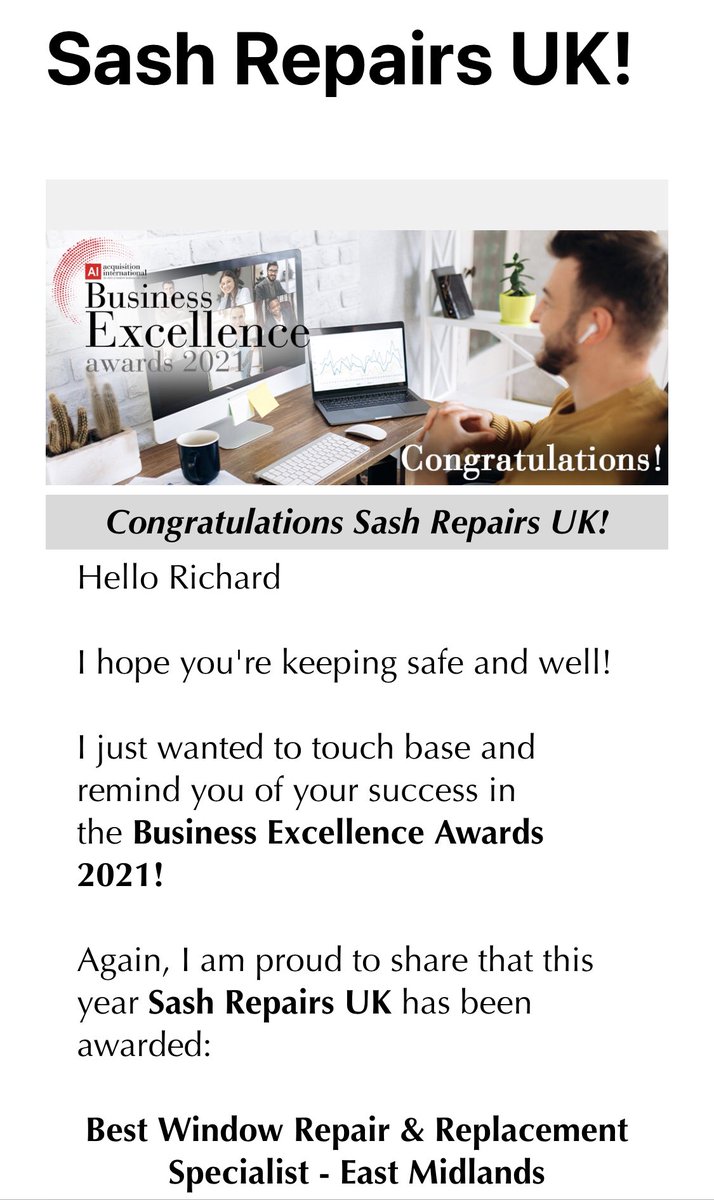 SashRepairsUK's tweet photo. Good news again at Sash Repairs UK we have won for the second year thank you to our team for all their hard work @richardv2362 @marksaggers @andycarrlawns @antonwells5 @theshutterstud https://t.co/9ziHI5z2ck