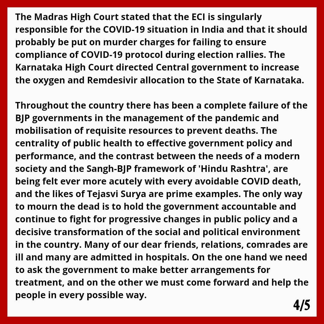 AISA_karnataka's tweet image. AISA strongly condemns the communalization tactic deployed by Tejasvi Surya in the midst of the covid19 pandemic. 

#tejasvisurya #COVIDEmergency2021 #covid2ndwave #communal #politics #coronavirus #TejasviSuryaExposed #ArrestBJPMLASatish #SpinelessBJP