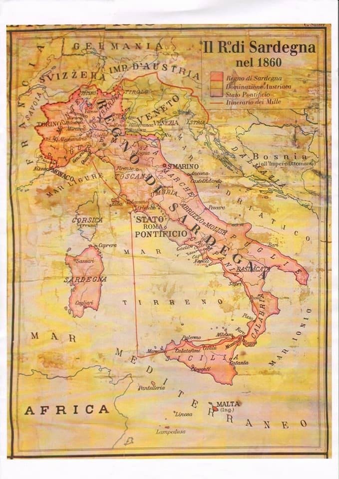 -In Sardinia, where he lived. His house is a museum in Caprera).Vittorio Emanuele II takes the title of King of Italy, without changing his numeral though, in continuation to the Kingdom of Sardinia.This is Italy in 1860, everything was Kingdom of Sardinia.