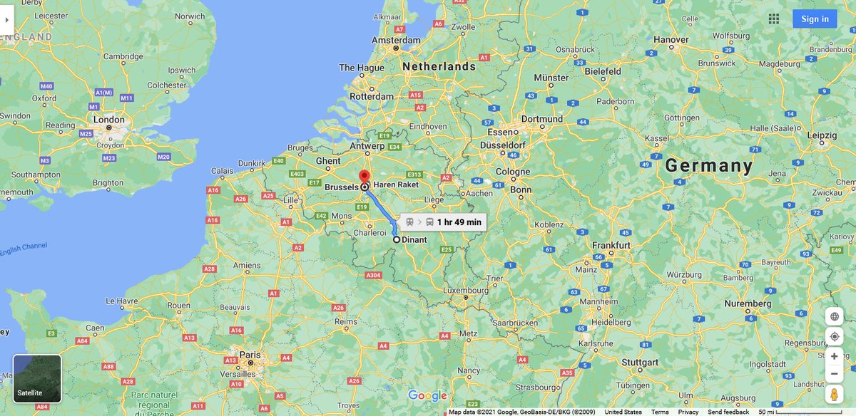 5/ Where is Dinant? Let's set the scene from Google Maps. From Brussels, it's 1:40 by train along the beautiful Meuse River. The station is on the west bank across the river from the main part of town. Walk across the Charles de Gaulle bridge, and you're there.