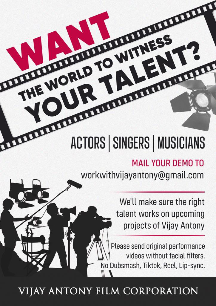 In search of good talents - actors, singers &amp; musicians. Mail your videos to workwithvijayantony@gmail.com 

#MaskUp #StaySafe 😊