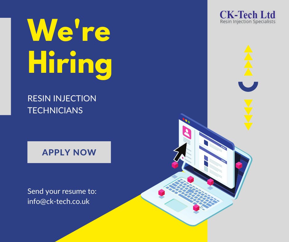 cktechltd's tweet image. CK-Tech Ltd are looking for people to join their team as Resin Injection Technicians.  All training will be provided, however any previous experience is welcome.
If you are interested, or to find out more please contact us on info@ck-tech.co.uk
 #hiring #resininjectiontechnicans