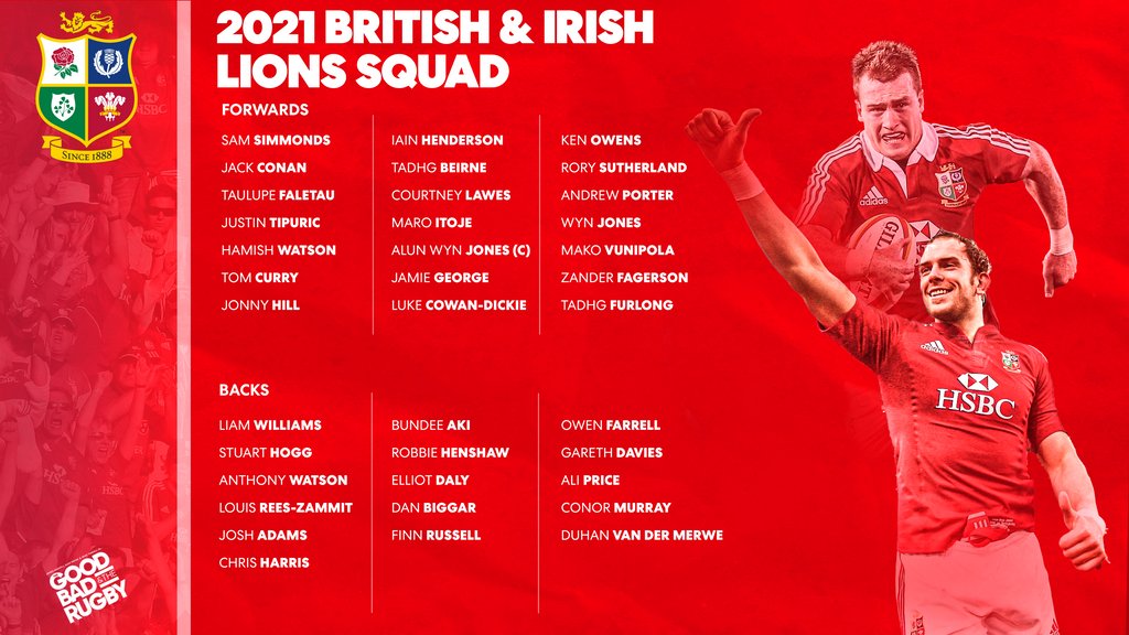 GoodBadRugby's tweet photo. 🏉 Here they are! the 37 man squad for the 2021 @lionsofficial
 tour! 🔴🦁

#LionsRugby #Lions2021 #BritishAndIrishLions https://t.co/o0JHef32iW