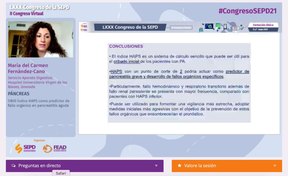 #CongresSEPD21
econgresosepd.es  <a href="/sepdigestiva/">Sociedad Española de Patología Digestiva (SEPD)</a> 
El índice HAPS puede ser util para monitorizar de forma más estrecha las pancreatitis aguda en riesgo de desarrollar un fallo orgánico.