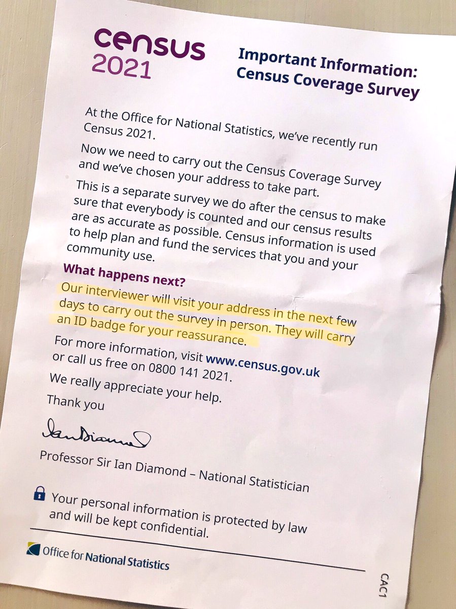 Got this in the post from <a href="/ONS/">Office for National Statistics (ONS)</a>.

👍: Harry Potter-esque hook; the fact that it’s a survey about a census.

👎: In person?! Only an ID badge for reassurance?! No live chat contact option?! Does the <a href="/ONS/">Office for National Statistics (ONS)</a> not know we’re under lockdown???!