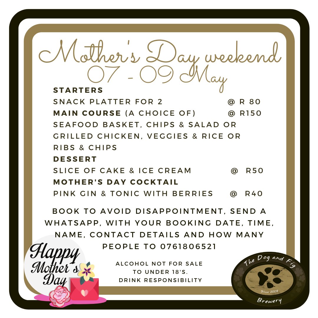 Join us for our Mother's Day celebration the whole weekend from 07 - 09 May. A special menu, a special cocktail and if you book a table with us, we'll give you a free gift! Book a table today, by sending us a WhatsApp with details to 0761806521