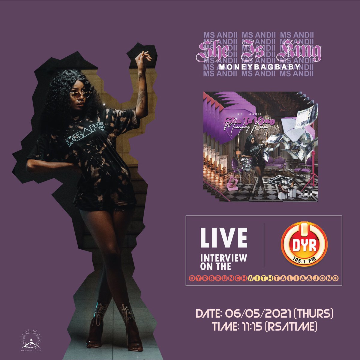 LivecalmAfrica's tweet photo. 🌈🌤 Tune in @dyr1051 this morning at 11:15 and catch @ms_andii_’s live interview on the #DYRBrunch with Talia x Jono talking all things around her debut project #SheIsKing Moneybag Baby (EP). 📀👸🏽

📷 : #Artinthemusic
💽 : @ThisIs_Lungstar 

#HappyThursday #MsAndii #DyrInterview https://t.co/8SPQcaJLo5