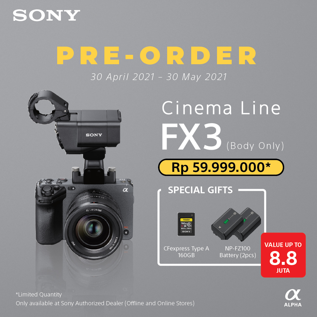 SonyIndonesia's tweet photo. #CinemaLineFX3 dilengkapi performa sensor full-frame dengan sensitivitas tinggi & wide dynamic range, perekaman 4K 120fps, colour science S-Cinetone™️, kipas internal untuk pendinginan aktif, juga desain cageless yang ringkas dengan detachable top handle untuk para solo shooter. https://t.co/0rwWX9U2tp