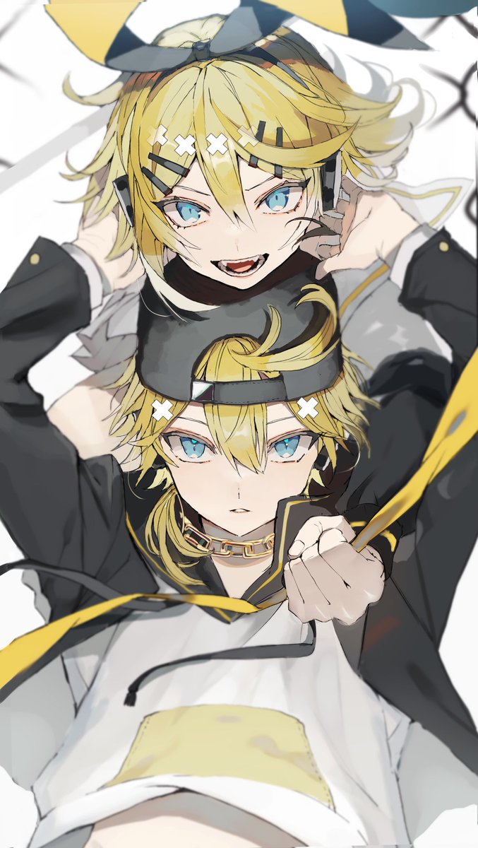 kagamine len ,kagamine rin 1boy 1girl backwards hat baseball cap blonde hair hat hair ornament  illustration images