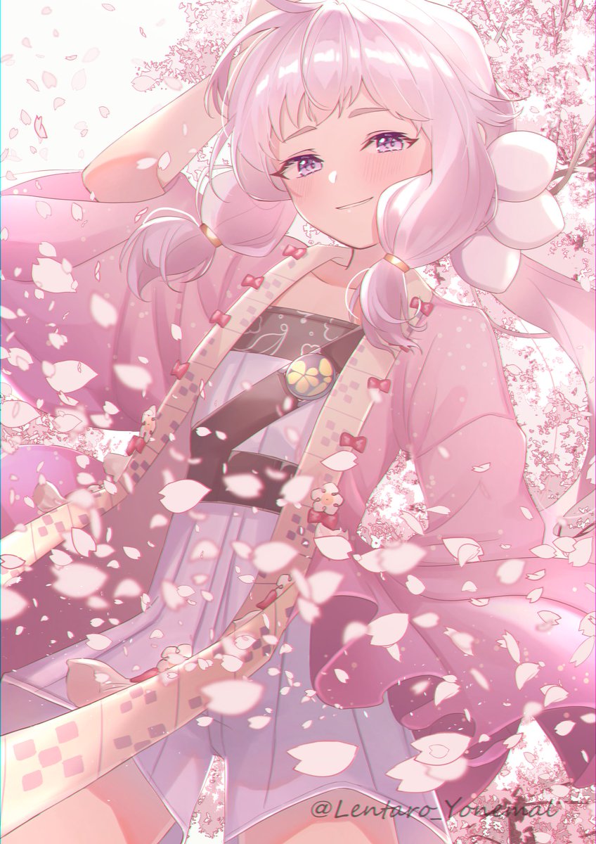 yuzuki yukari 1girl solo cherry blossoms purple eyes smile petals looking at viewer  illustration images