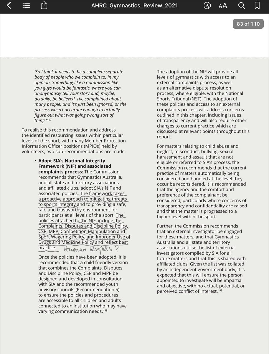 6 This begs question, whether, a system designed to address sports integrity (Sports Integrity Australia) matters, is an appropriate reporting system for sexual assault survivors, and human rights related complaints needing access to an effective remedy?