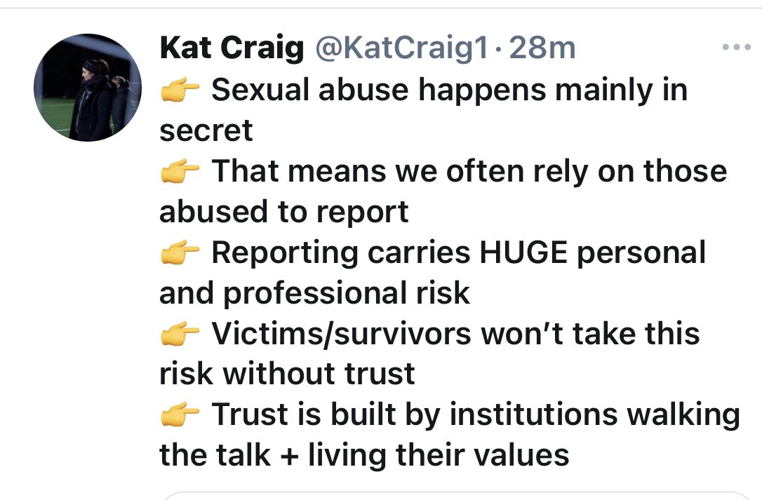 /end Lastly, also on the issue of a reporting system in dealing with sexual assault survivors in sport,  @KatCraig1 is an expert in this field and has done excellent work recently in this area. Kat’s observations below is worth noting.