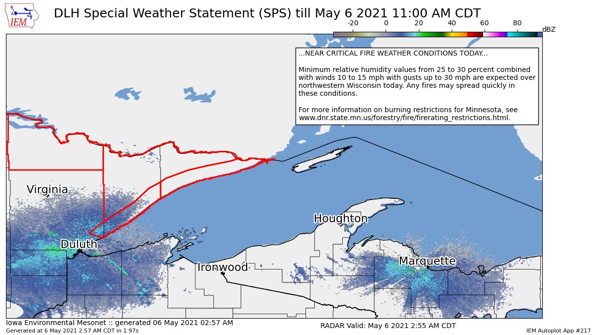 NEAR CRITICAL FIRE WEATHER CONDITIONS TODAY for North St. Louis, Northern Cook/Northern Lake, Southern Cook/North Shore, Southern Lake/North Shore [MN] till 11:00 AM CDT https://t.co/r0k0kINI7G https://t.co/Y65YBXSAXs