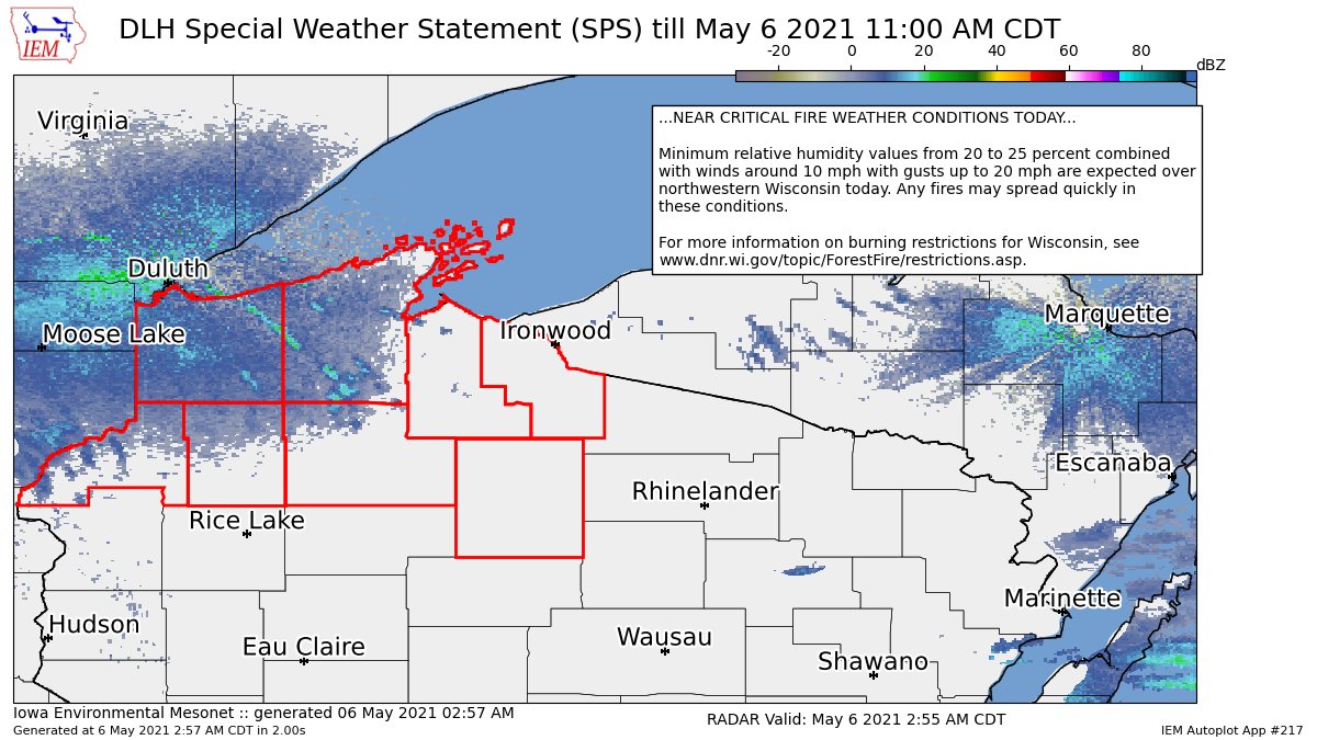 NEAR CRITICAL FIRE WEATHER CONDITIONS TODAY for Ashland, Bayfield, Burnett, Douglas, Iron, Price, Sawyer, Washburn [WI] till 11:00 AM CDT https://t.co/r0k0kINI7G https://t.co/XLqAGEAPs9