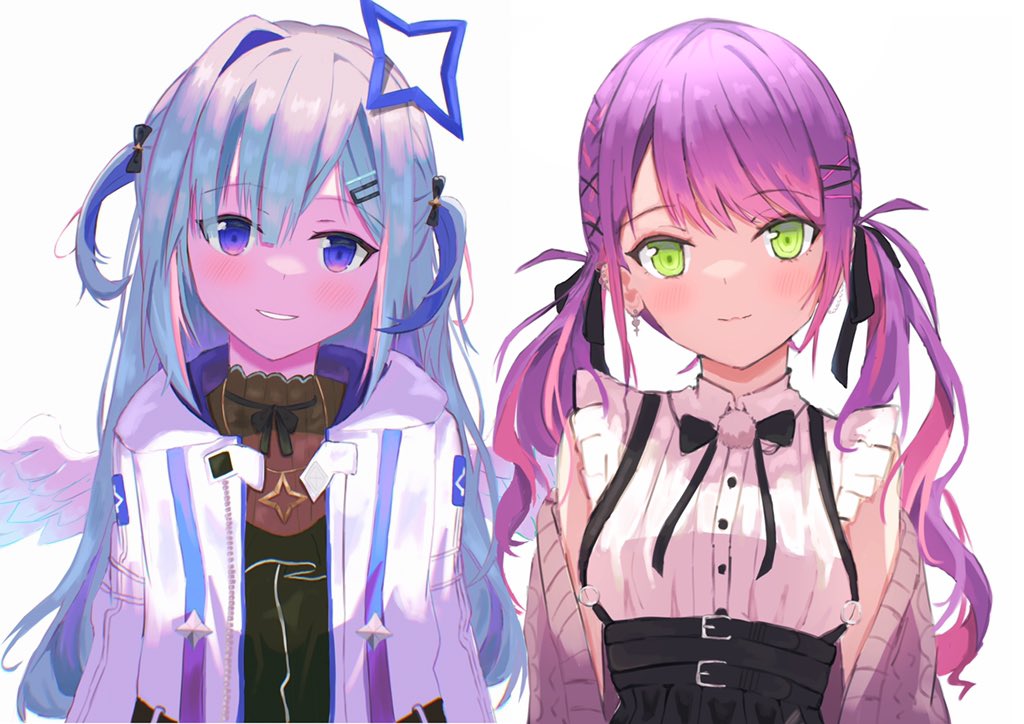 amane kanata ,tokoyami towa multiple girls 2girls green eyes purple hair twintails pink hair blue hair  illustration images