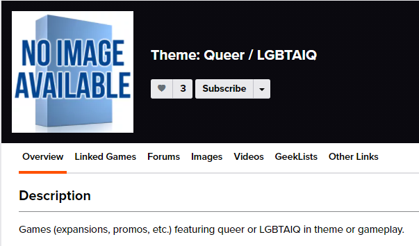 Maybe a thread like this should be saved for Pride Month, but I don't think I can wait.Recently I stumbled onto the LGTBQ/Queer tag on BGG and it is not encouraging.