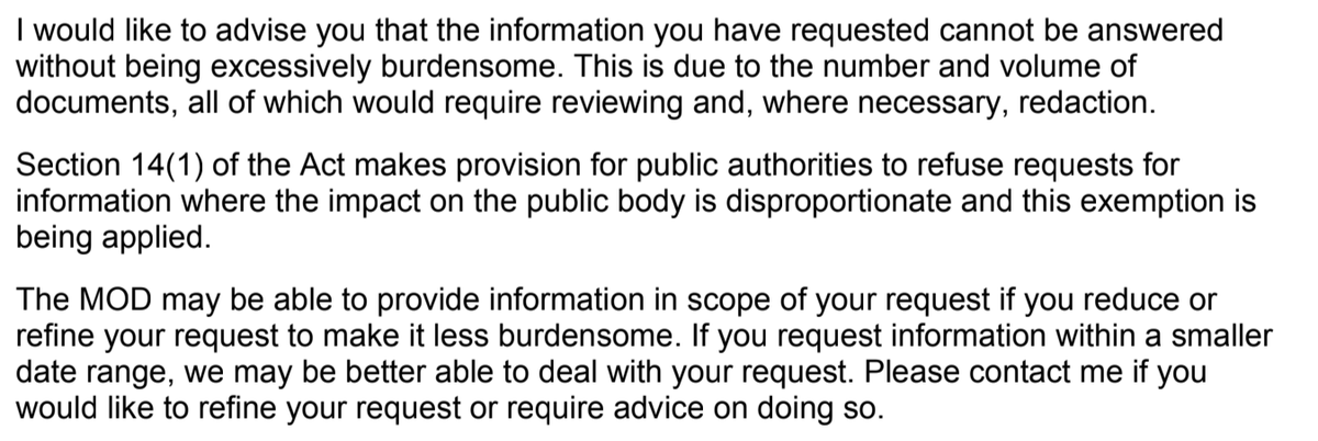 UK FOI process is broken, exhibit 25,327:- Six months ago I asked  @DefenceHQ for details of 5 airstrikes in which civilians were allegedly killed. It was rejected on account of size.- I reduced it to 3 airstrikes. Same again- So I asked about just ONE strike. The response: