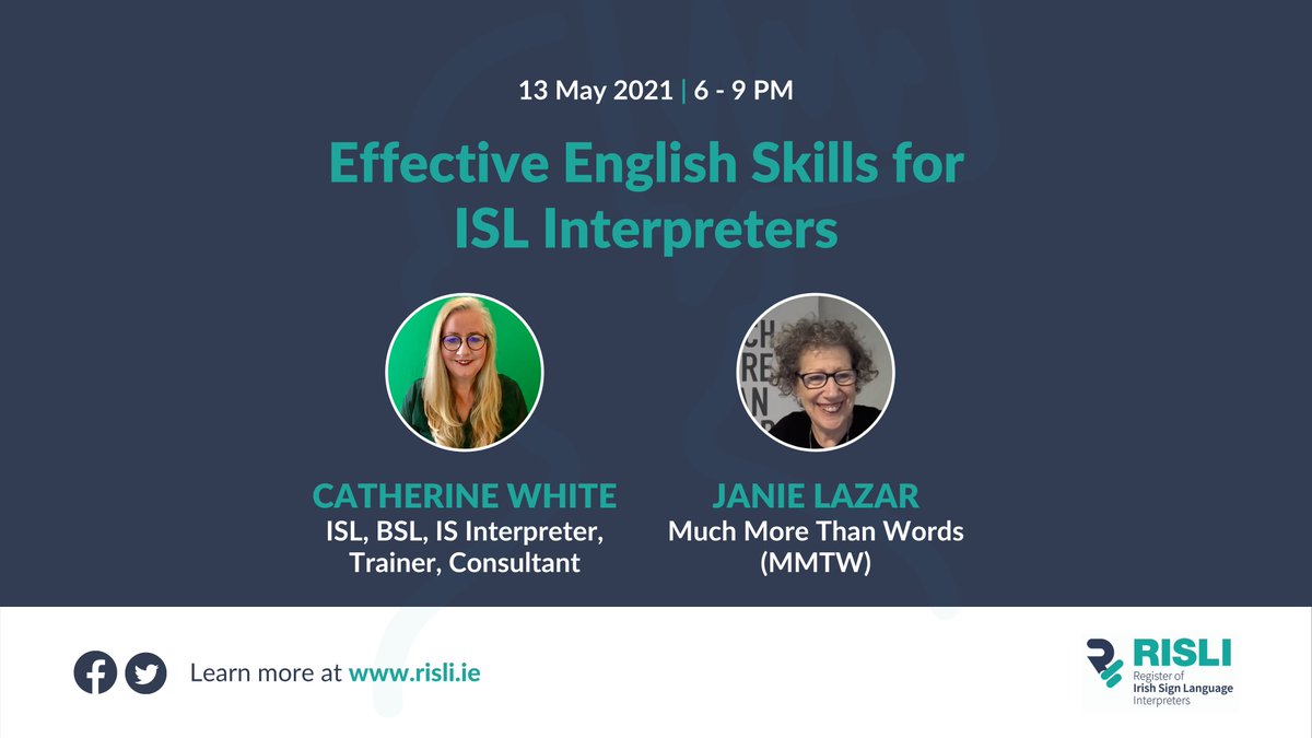 RegisterISLI's tweet image. RISLI is delighted to invite @Cat_1964 Catherine White and @janielazar Janie Lazar to run our next CPD. 

We are looking forward to meeting the trainers!!

#careerdevelopment #rislicpd2021 #ISLInterpreters #IrishSignLanguage
