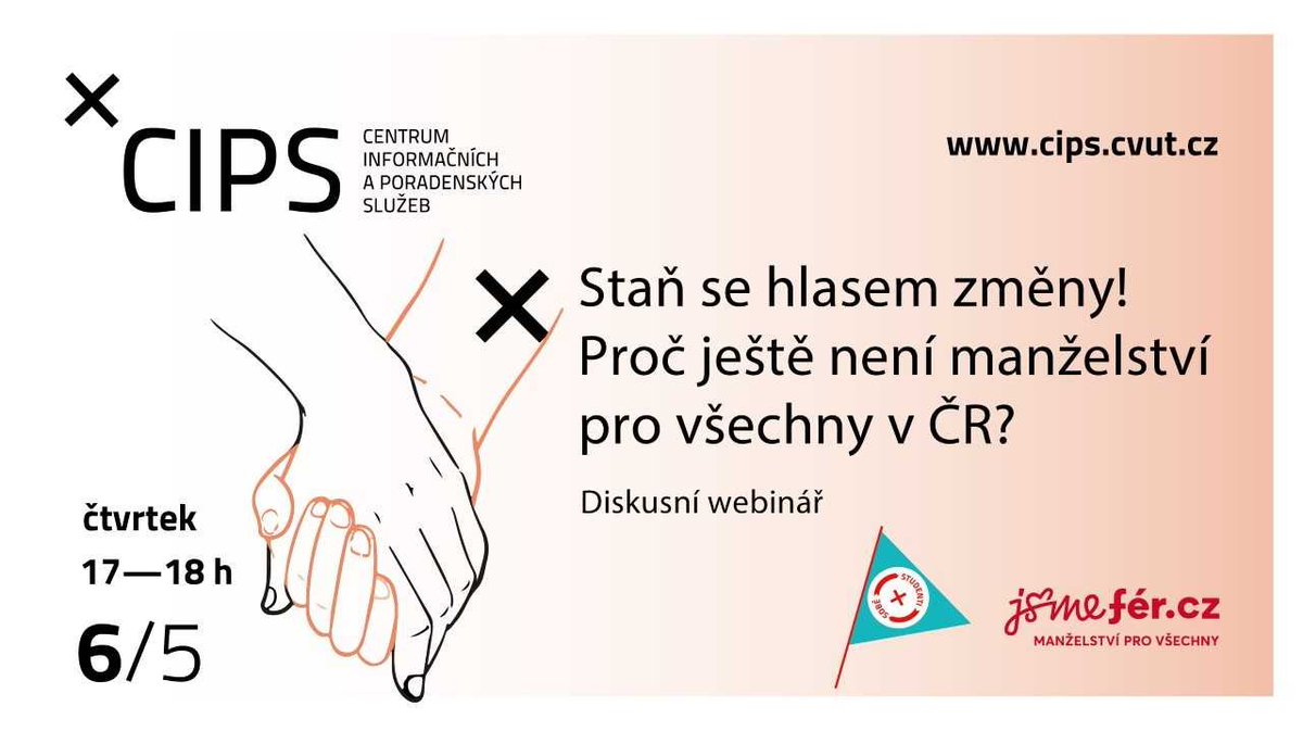 PROČ JEŠTĚ NENÍ #MANŽELSTVÍPROVŠECHNY V ČR?

Budou dnes od 17:00 debatovat na půdě <a href="/CVUTPraha/">ČVUT v Praze</a> @LuciaZacharias ze #JsmeFér, Dr.-Ing. Martin Novotný z ČVUT a <a href="/LukasHurych/">Lukáš Hurych</a> z <a href="/Twistocz/">Twisto.cz</a>.  

👉Sledujte online na webu <a href="/CIPS_CVUT/">CIPS</a> 👉cips.cvut.cz/courses/stan-s… nebo našem Facebooku.