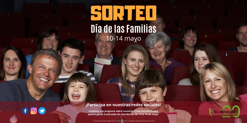 ccelbulevar's tweet photo. ⚠️ #NUEVOSORTEO⚠️
El próximo 15 de mayo se celebra el #DíadelasFamilias 👨‍👩‍👧‍👦Vamos a sortear 4 entradas diarias de nuestros @CinesAvila entre el 10 y el 14 de mayo
🍿 Contesta a la pregunta que publicaremos aquí cada día 🤩
Bases en: https://t.co/iPO7UaaxVJ https://t.co/0RjbmSWtXG