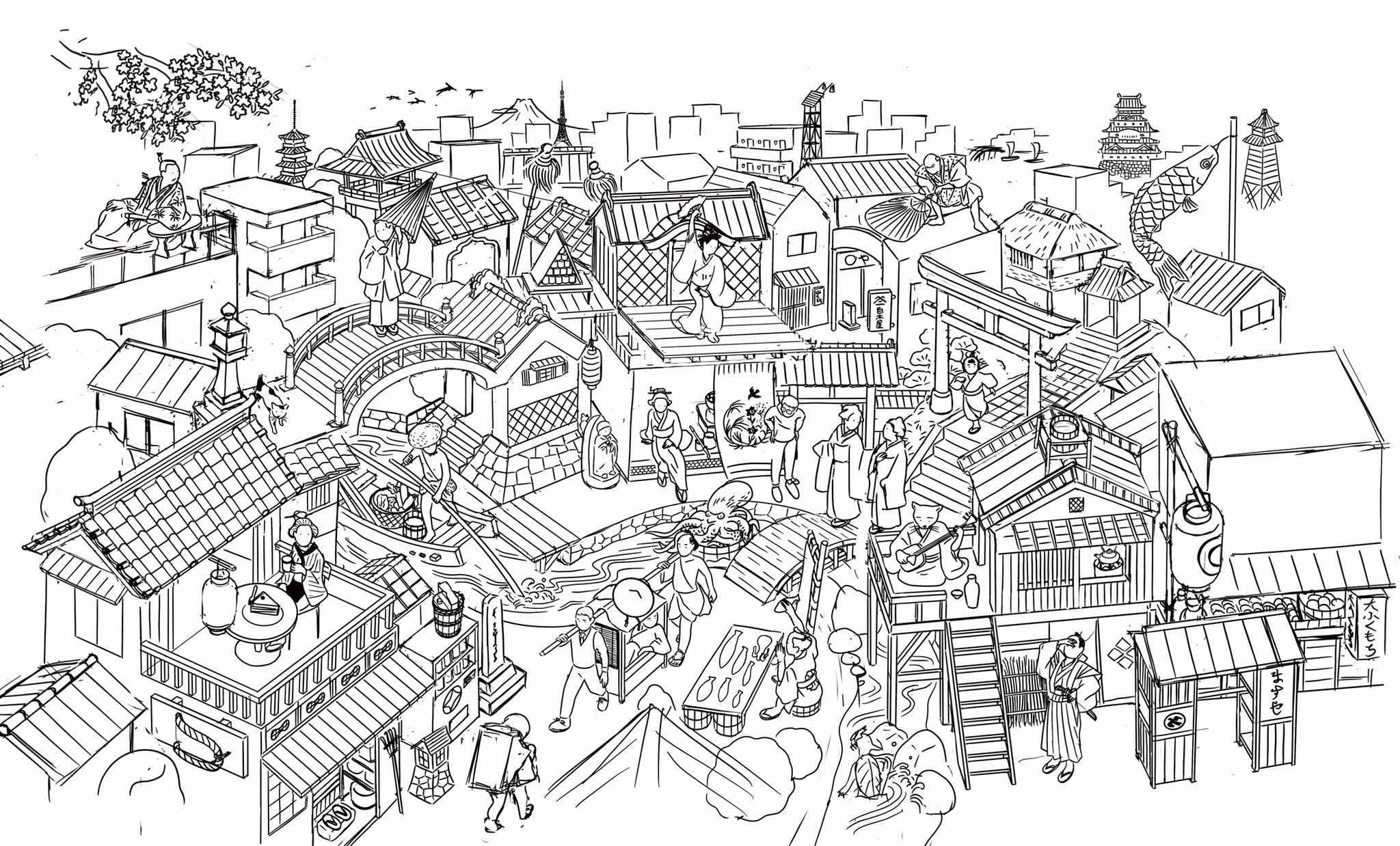 芦野公平 Kohei Ashino 街俯瞰イラストは街の構成を考えるのは勿論大変だけど さまざまなポーズの人物が俯瞰で その角度から どう見えるのかを想像しながら描く必要がある上に数が多いのが本当に大変なところ 人物だけは横から見た感じに描くと楽だけど