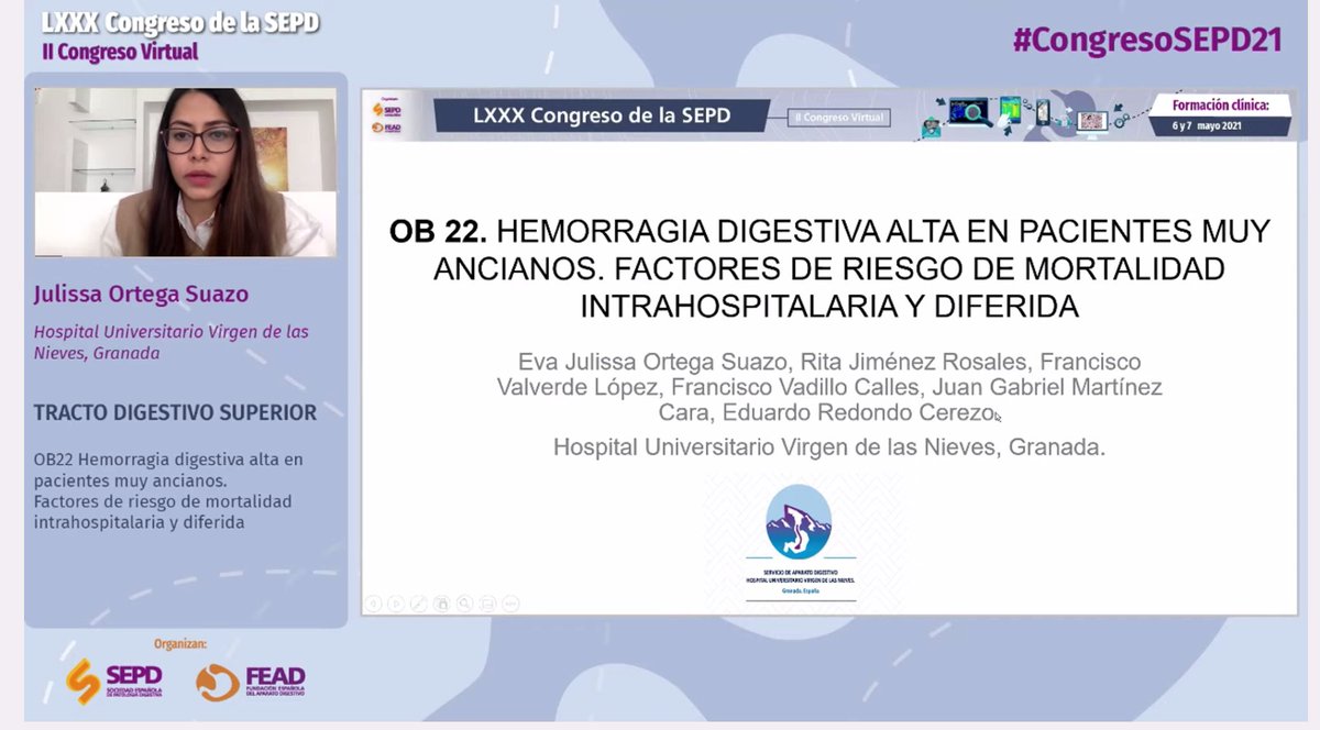 Mortalidad secundaria a HDA en pacientes ancianos. Mayor mortalidad a 6 meses, pero idéntica mortalidad durante el primer ingreso. 
La creatitina, cirrosis y un ingreso por un motivo diferente a la HDA incrementan el riesgo
#congresoSEPD21
econgresosepd.es  
<a href="/sepdigestiva/">Sociedad Española de Patología Digestiva (SEPD)</a>
