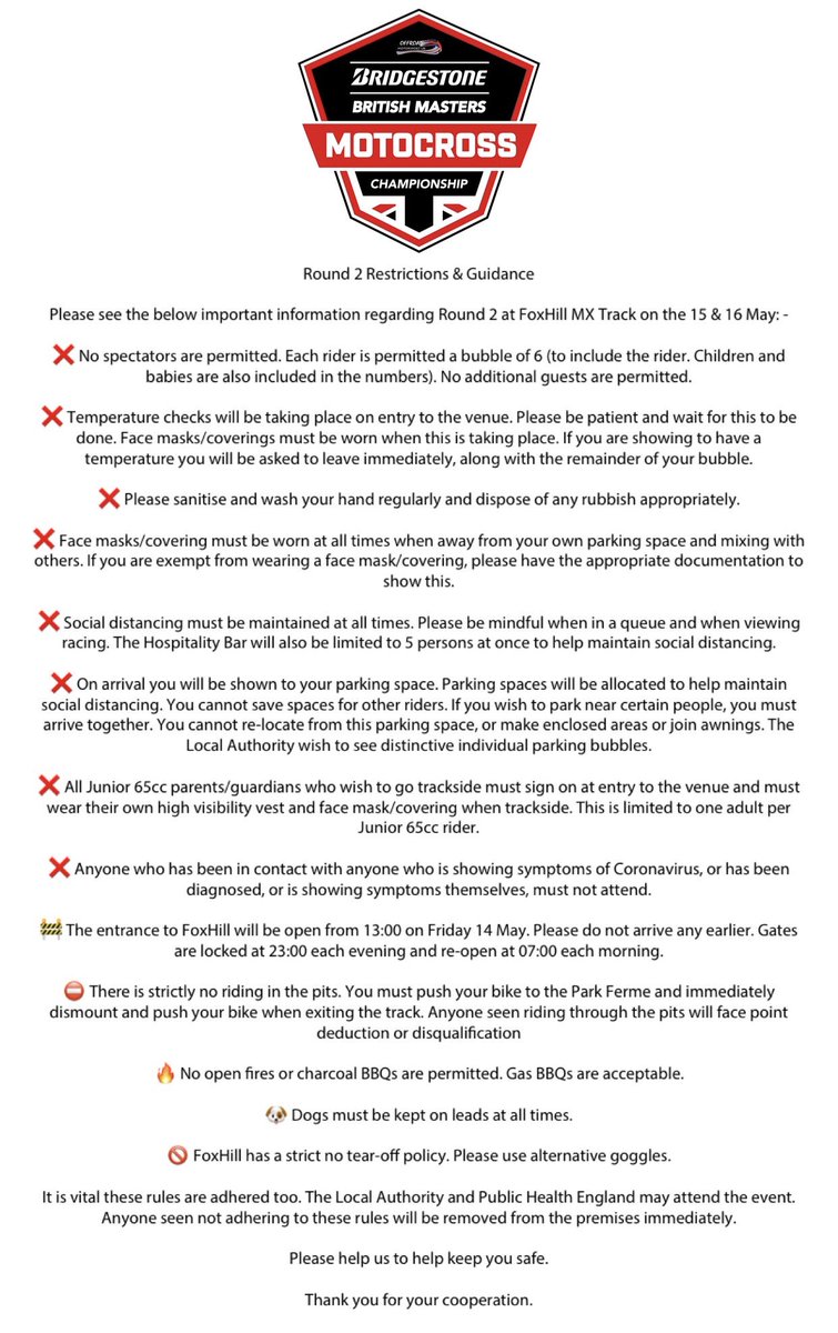 BBM_MX's tweet photo. Please see the below important information regarding Round 2 at FoxHill MX Track on the 15 &amp; 16 May. 

It is vital these rules are adhered too. Anyone seen not adhering to these rules will be removed from the premises immediately. 

Please help us to help keep you safe https://t.co/HR7WslgoPu