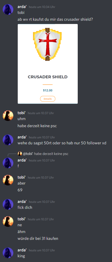sadboyflux's tweet photo. der liebe @elfentranksucht  kauft mir ab 31 rt das Crusader Shield
@drizzyjstin @loeffel_z @koszy009 rt? https://t.co/iOhxNcSRrt