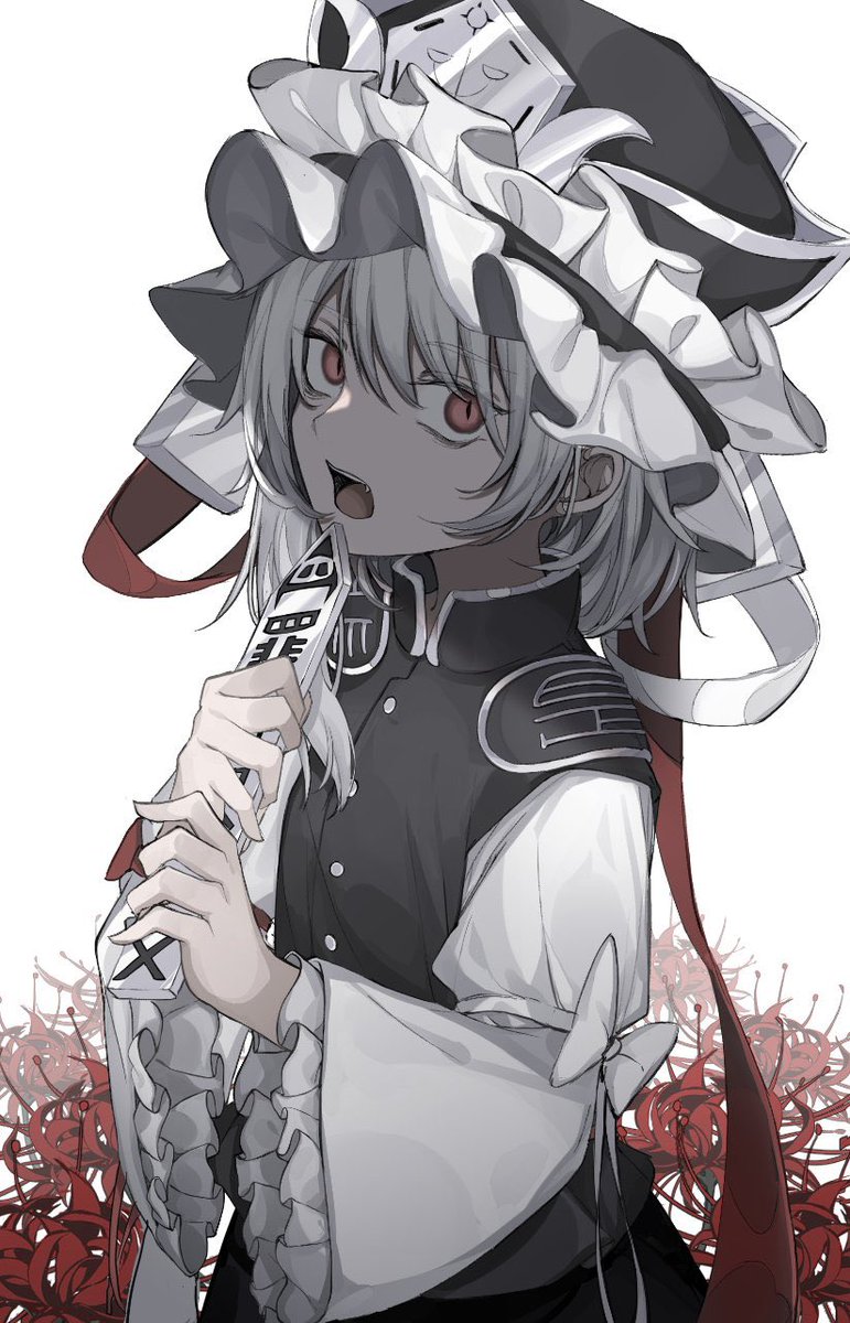shiki eiki 1girl solo spider lily hat rod of remorse open mouth red eyes  illustration images