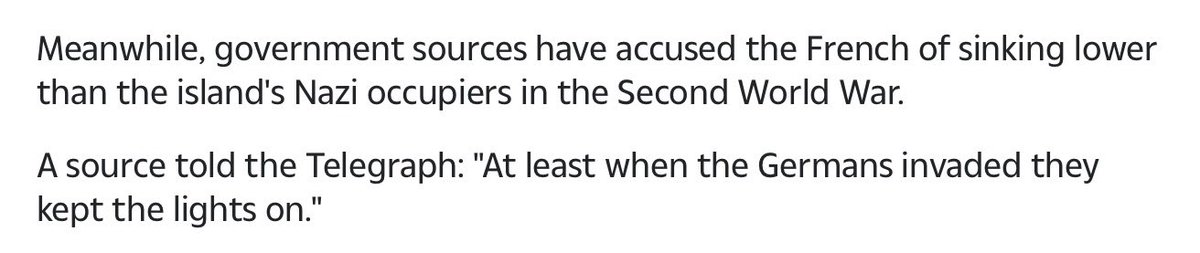 Government source says French threats against Jersey are worse than Nazi occupation: “At least the Nazis kept the lights on.”The ignorance & denialism about history here is shocking. The scale of violence in the Channel Islands, occupied June 1940 until 9 May 1945, was vast…