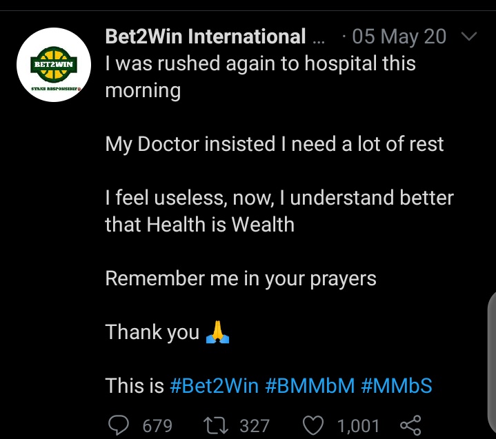 Exactly one year when @bet2win10 was rushed to the hospital and he died days after.....
To all our punters, pls do find time to always REST and always remember your Health is wealth.... 
May God continue to strengthen and protect you all.
AMEN.