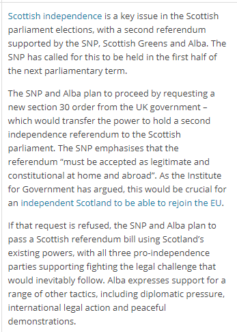 If the PM says no, the SNP is expected to introduce the indyref bill they published before the election anyway - and it's likely the courts will decide whether they can hold the vote.  https://www.instituteforgovernment.org.uk/scotland-manifesto-tracker