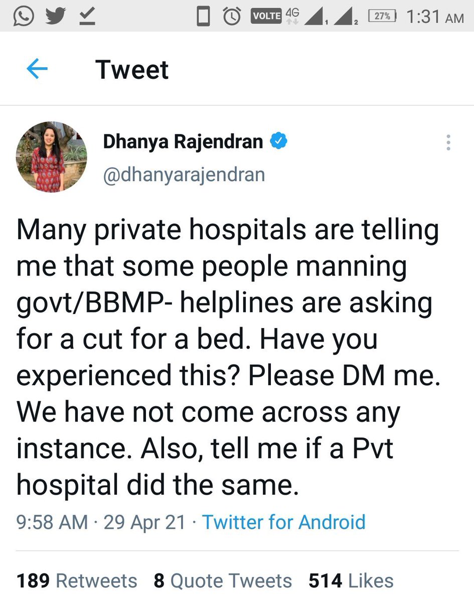 Looks like Dhanya Rajendran who “claimed” a bed scam on 29 Apr to highlight state of affairs in BBMP hospitals, refused to acknowledge it being unearthed by  @Tejasvi_Surya . Instead she herself whitewashed it and painted the MP as communal! Nice job journalist!