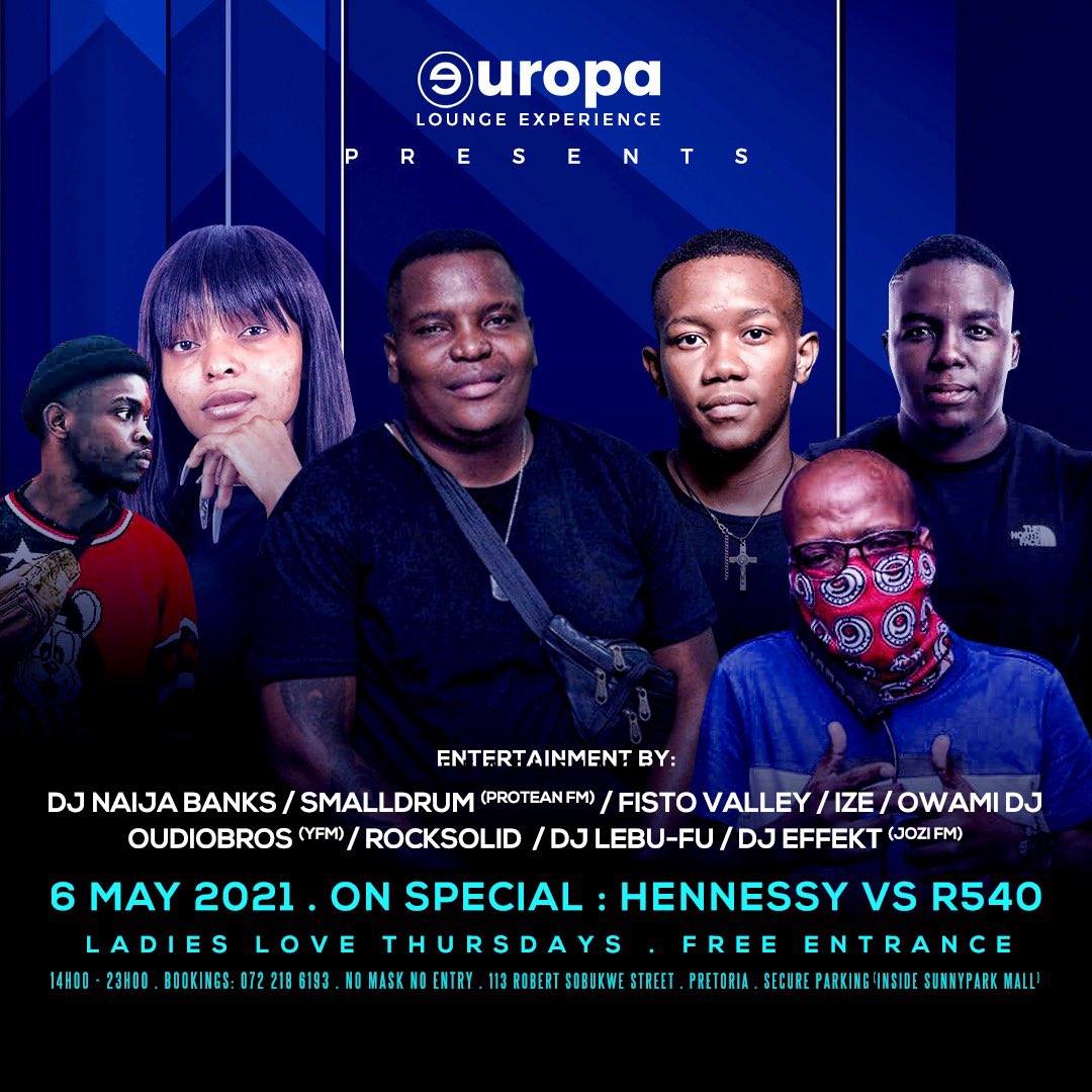 #LadiesLoveThursdays
Entertainment’s golden jewel . League of unparalleled hospitality. World’s envy . Youthful hub of groove satisfaction. Nectar for the huns .colourful butterflies. 
🇿🇦 HomeGrown
🎧<a href="/Rocksolid_012/">Ntshuxeko mthombeni</a> 
⏰ 2-11PM
🍺 Select 
🚘 Uber
👮 Secure
#EuropaGLPTA 
#t1flavv