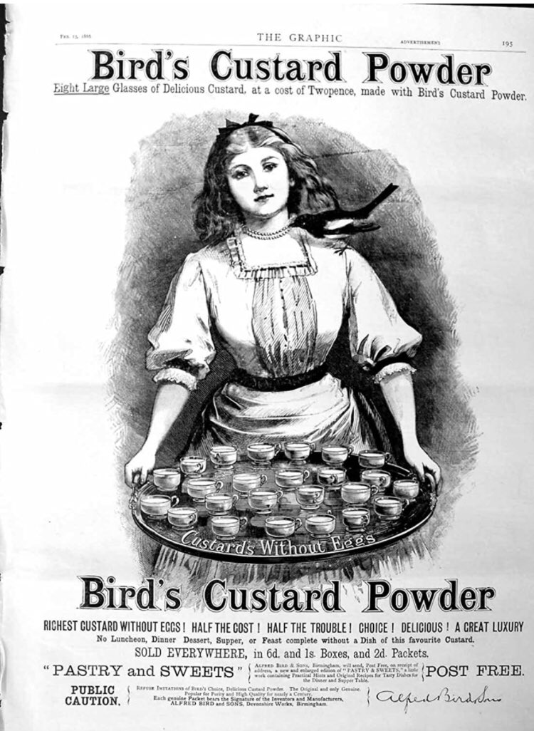 digbethestate's tweet image. #ThrowbackThursday 1886 advert for Bird's Custard. Erm, nope, we are not sure why she has a bird on her shoulder either 🤷‍♂️😂