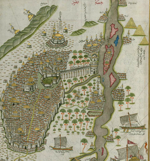 An Ottoman-era map of Cairo, Egypt, drawn by the great sailor and geographer Piri Reis in 1525.