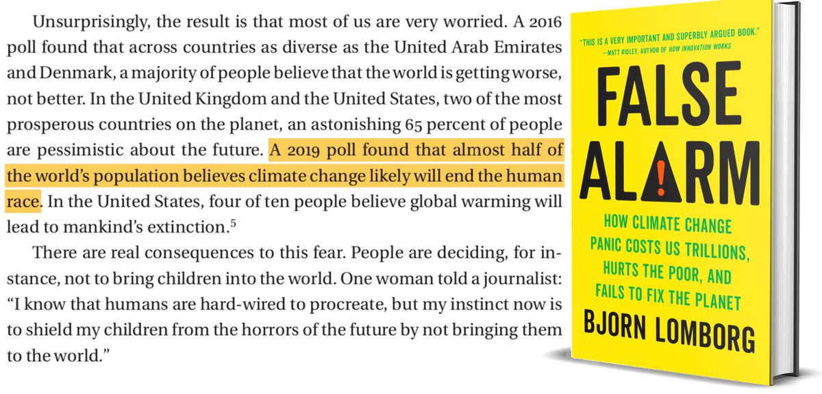 BjornLomborg's tweet image. ⚠️Half the world now believe that humanity will go extinct from climate change

The reality? UN expects the average person by 2100 to earn 450% of today’s income. Climate will reduce that to 434%. Problem, not end-of-world

Learn more in my new book: ow.ly/HUkU50A9v1o