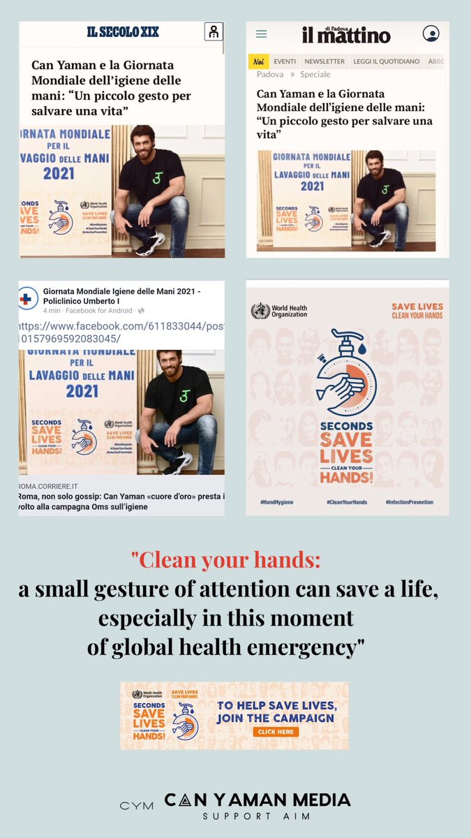 🗞🇮🇹| 'Clean your hands:
 a small gesture of attention can save a life, especially in this moment
of global health emergency'

#CanYaman #handhygiene #cleanyourhands #infectionprevention #giornatamondialelavaggiomani 

@Nico_Uff_Stampa @StrazzeriN