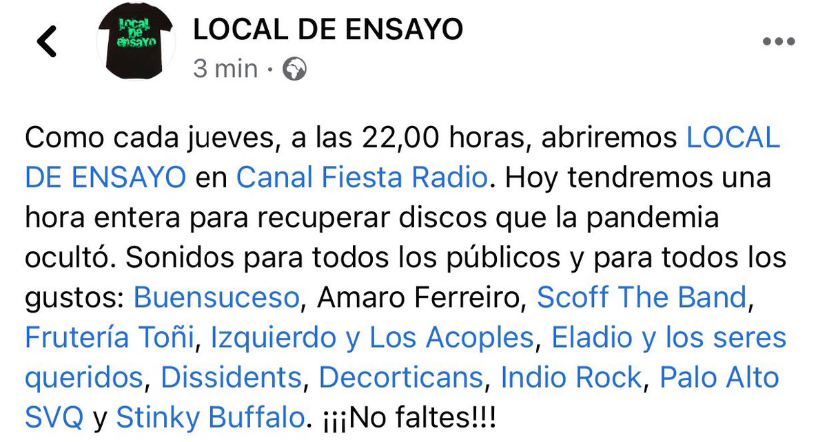 A las 22:00h sintonizad <a href="/LocalDeEnsayo/">Local de Ensayo</a> en <a href="/CanalFiestaR/">Canal Fiesta Radio</a>