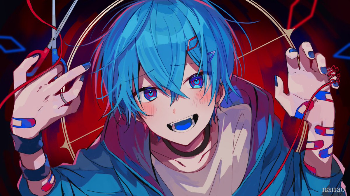 1boy male focus blue hair scissors bandaid blue eyes hair ornament  illustration images