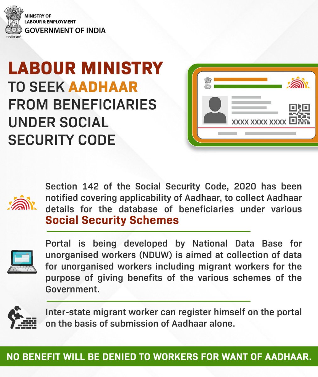 LabourMinistry's tweet photo. Section 142 of the Social Security Code, 2020 has been notified by Ministry of Labour &amp; Employment covering applicability of Aadhaar.
#Unite2FightCorona #IndiaFightsCorona https://t.co/fiqKbwtm9c
