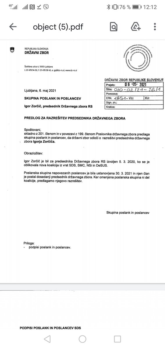 Ker <a href="/IgorZorcic/">Igor Zorčič</a> ni odstopil sam, vladne stranke <a href="/strankaSDS/">SDS</a>, <a href="/NovaSlovenija/">NSi</a> in @StrankaSMC vlozile zahtevo za 2. poskus razresitve PDZ. Pod predlog podpisanih 38 koalicijskih poslancev. <a href="/24UR/">24UR</a> <a href="/24ur_com/">24ur.com</a>