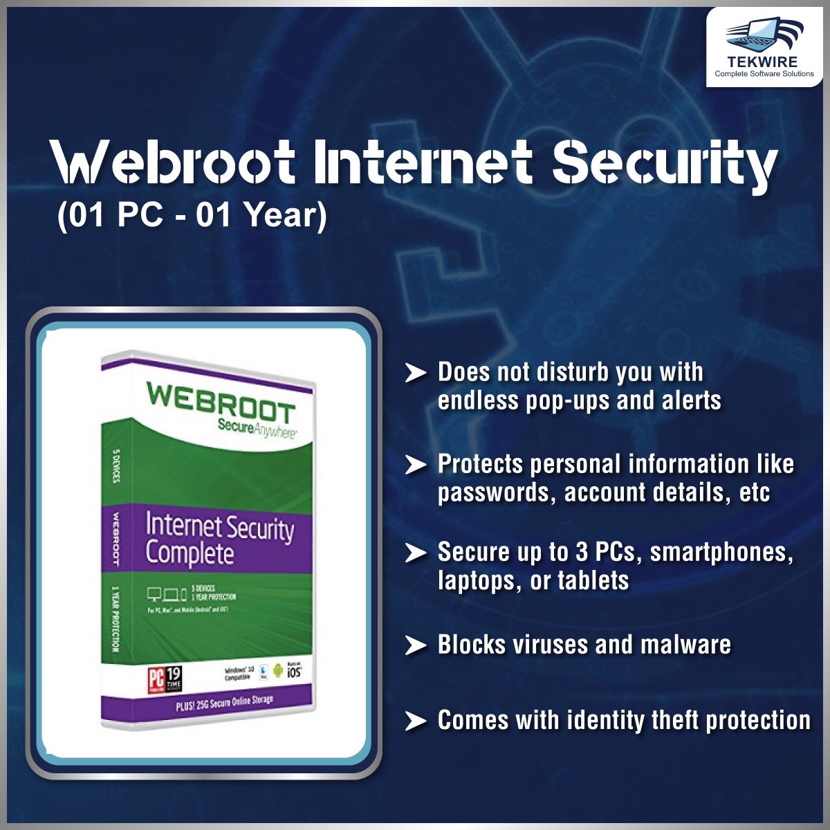 Tekwire1's tweet photo. With work, shopping, banking, etc. happening online, #cybersecurity is more crucial now than ever. Webroot Internet Security runs quick scans without interrupting your work &amp; never slows your device down. It secures your webcam, detects &amp; blocks threats instantly. #antivirus https://t.co/ZT7A3WxyyQ