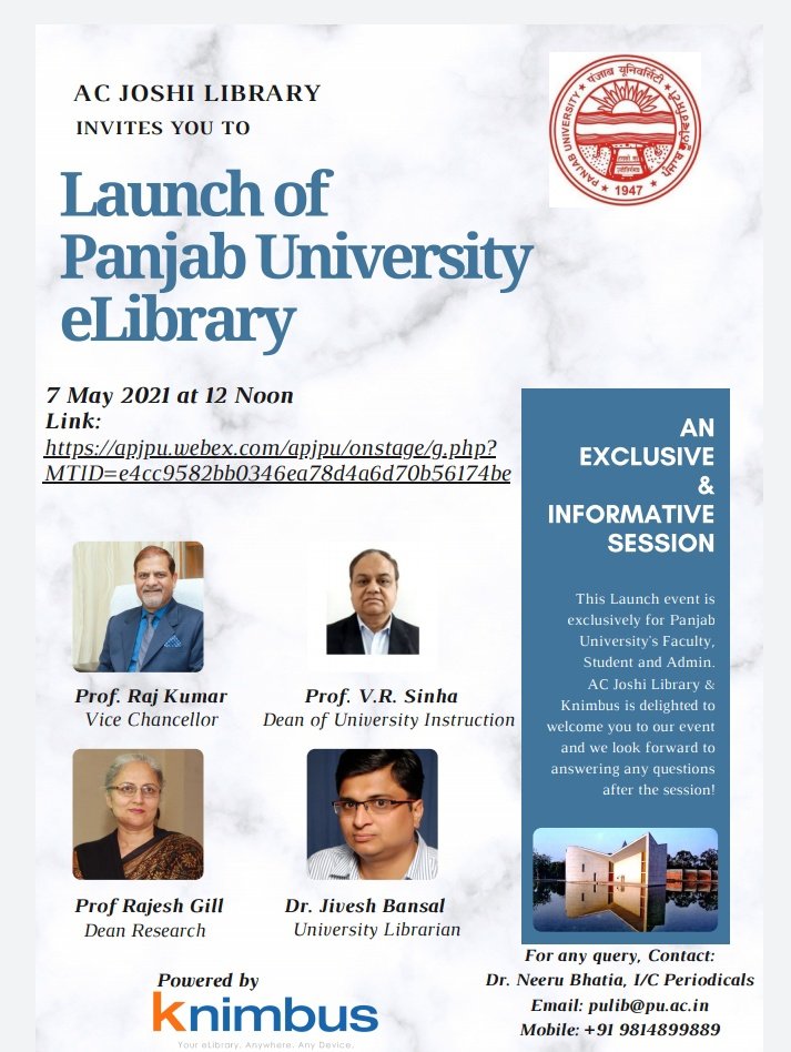 officialacjoshi's tweet image. PU E-Library,a milestone for readers will be formally launched by Prof. Raj Kumar, Vice-Chancellor tomorrow.This will provide access to 15000 plus e-journals, several thousand e-books, databases, etc. 
#researchers
#Electroniclibrary
#ejournals
#official_acjoshi