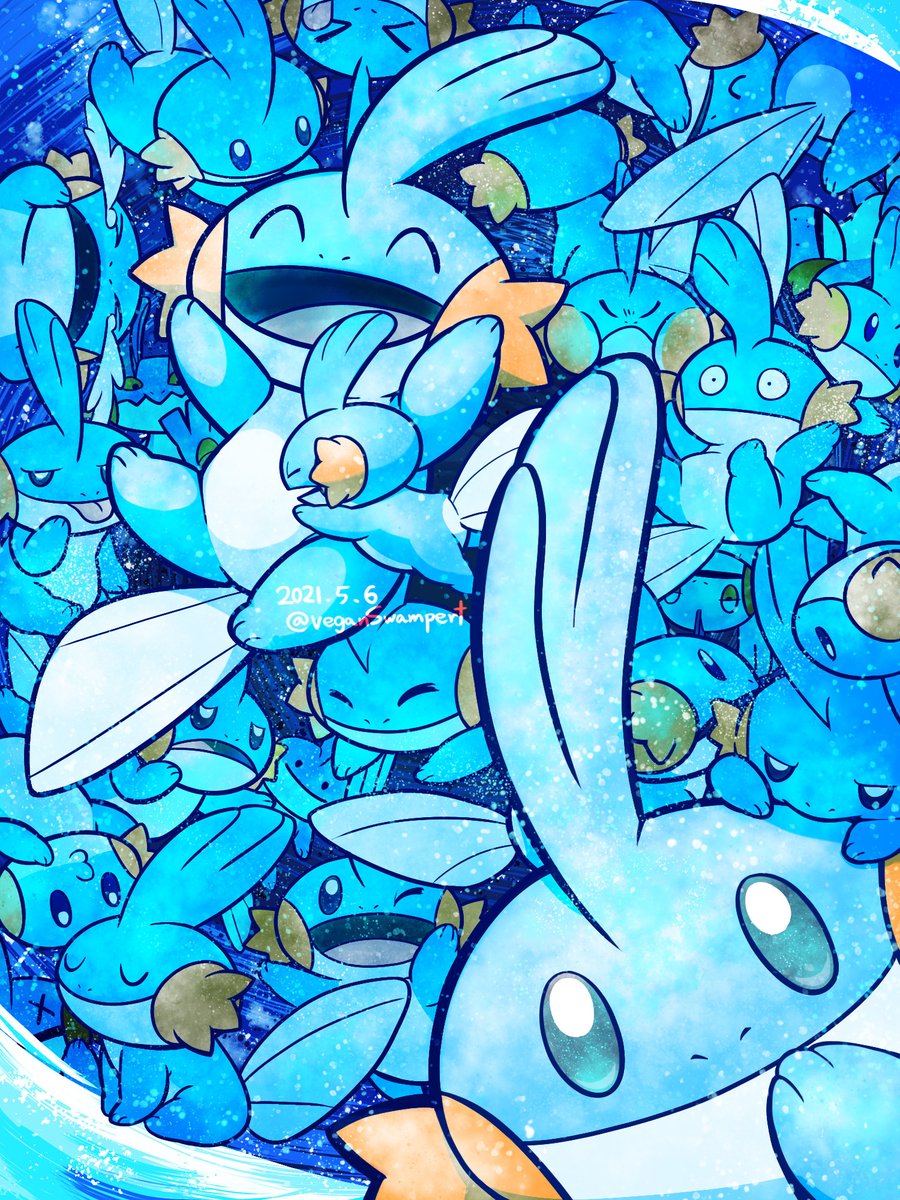 mudkip pokemon (creature) no humans smile closed eyes open mouth closed mouth > <  illustration images