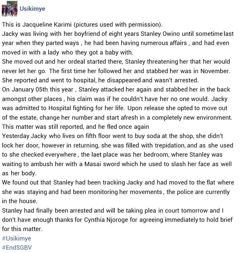 Stanley was finally arrested ( https://750nobs.com.ng/kenyan-man-slashes-ex-girlfriends-face-with-sword/) and will file a lawsuit in court tomorrow. I agree to Cynthia Njoroge (Cynthia Njoroge) to make a short speech on the matter immediately, not enough thanks. ” –