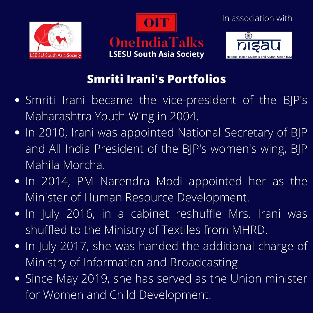 OneIndiaTalks's tweet photo. Here's a brief timeline of @smritiirani's political portfolios. Come hear from her on the 10th of May
#lse #smritiirani #modi #pmmodi #congress #bjp #amethi #minister #election2021 
#oneindiatalks #realluminaries #lsesu #lseindia #visionforindia #news #india
@NISAU_UK https://t.co/fz1wYiqYlQ