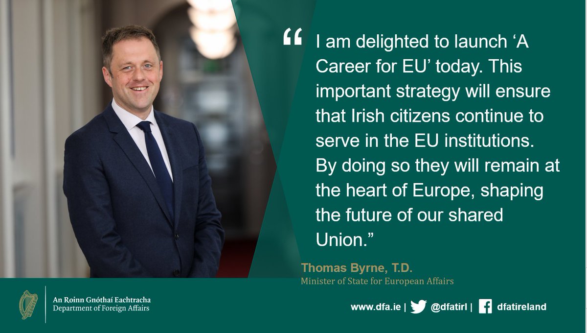 Minister Byrne will launch the new “A Career for EU” Strategy today at 12.30pm 🇮🇪🇪🇺

To read the new Strategy go to: dfa.ie/eujobs 

To register for the launch event, click here: europeanmovement.ie/a-career-for-e… 

#ACareerForEU