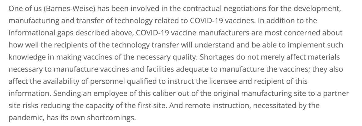 In the piece, the authors make several points that raise questions about how tech transfer will actually work and whether it might actually slow down vaccine production. In particular, b/c of the involvement of HQP in the process: